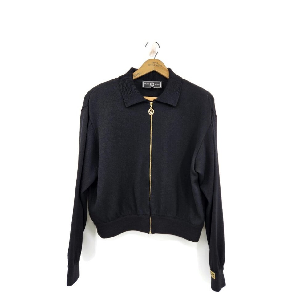 St John Sport Black Zip Front Sweater Womens S Long Sleeve Collared Santana Knit